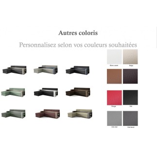 - Canapé d'angle convertible en tissu luxe et simili cuir, couleurs personnalisées, 5 places, avec coffre, angle gauche (vu de f