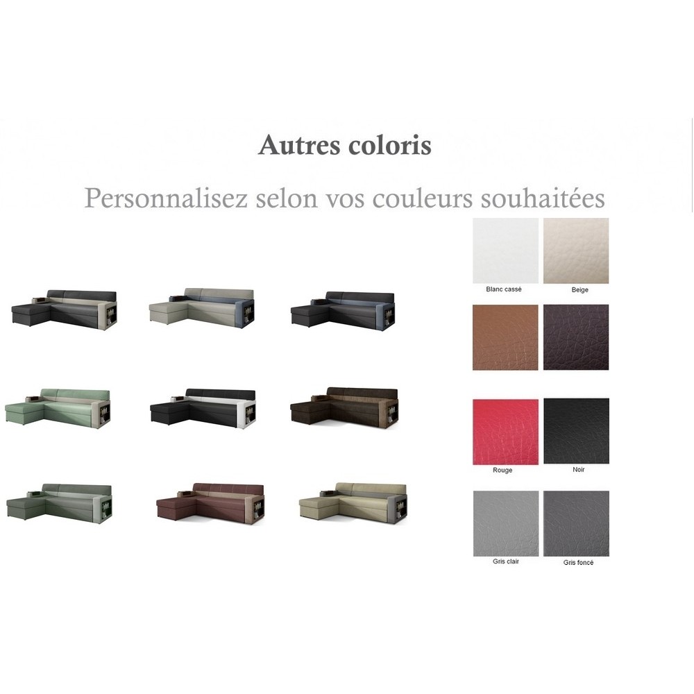 - Canapé d'angle convertible en tissu luxe et simili cuir, couleurs personnalisées, 5 places, avec coffre, angle gauche (vu de f