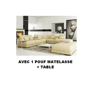 2eme PAIEMENT COMMANDE Canapé d'angle en cuir italien 6/7 places PETIT ELIXIR, écru, angle droit, une table bout de canapé et 1