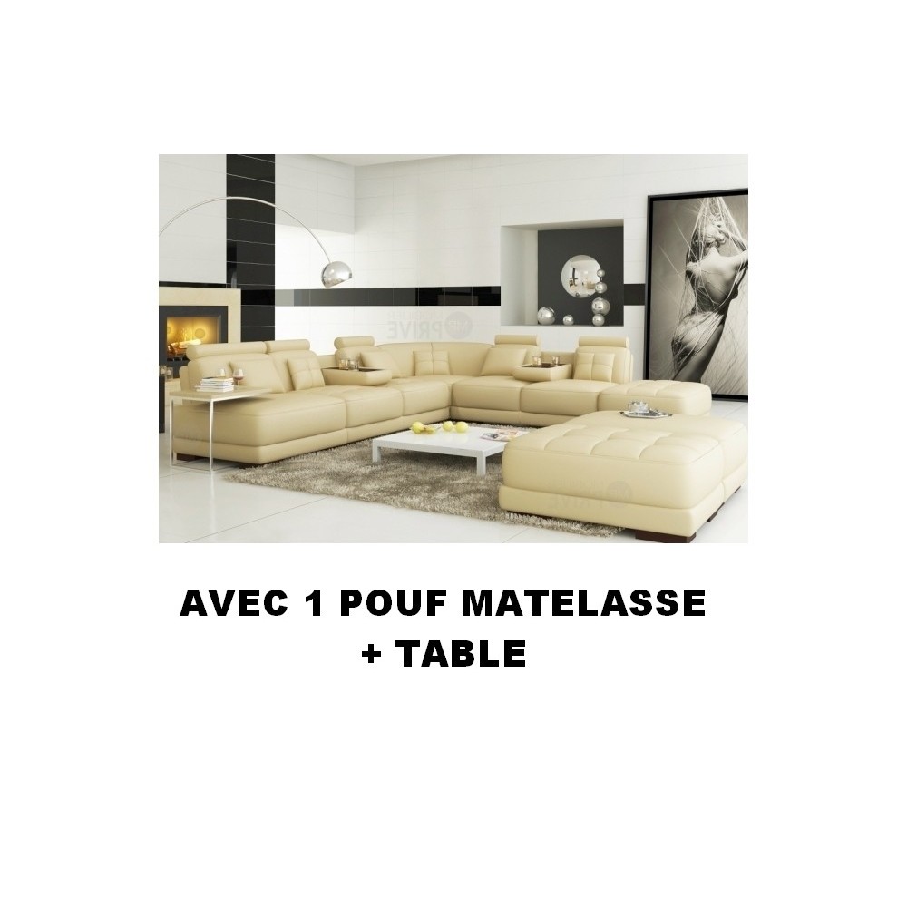 2eme PAIEMENT COMMANDE Canapé d'angle en cuir italien 6/7 places PETIT ELIXIR, écru, angle droit, une table bout de canapé et 1