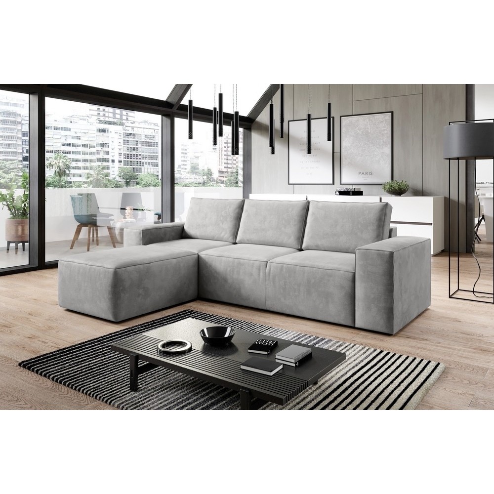 - Canapé d'angle convertible - SIDNEY VELOURS - en tissu Luxe - 5/6 places, gris clair, angle gauche (vu de face)