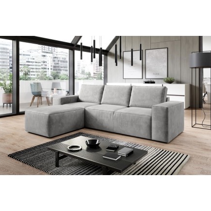 - Canapé d'angle convertible - SIDNEY VELOURS - en tissu Luxe - 5/6 places, gris clair, angle gauche (vu de face)