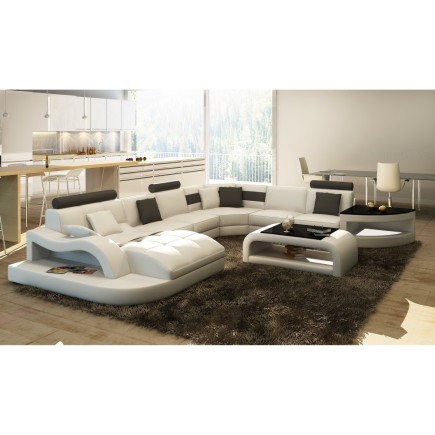 Canapé d'angle en cuir italien 8 places NORDIK, blanc et gris foncé