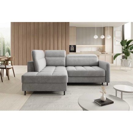 Canapé d'angle convertible en velours gris luxe 3 places BARTOLI, angle gauche (vu de face)