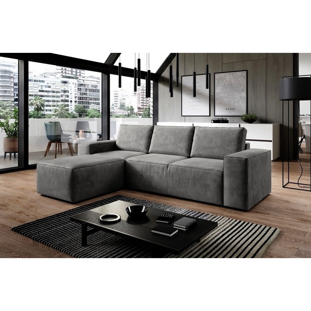 Canapé d'angle convertible - SIDNEY VELOURS - en tissu Luxe - 5/6 places, gris foncé, angle gauche (vu de face)