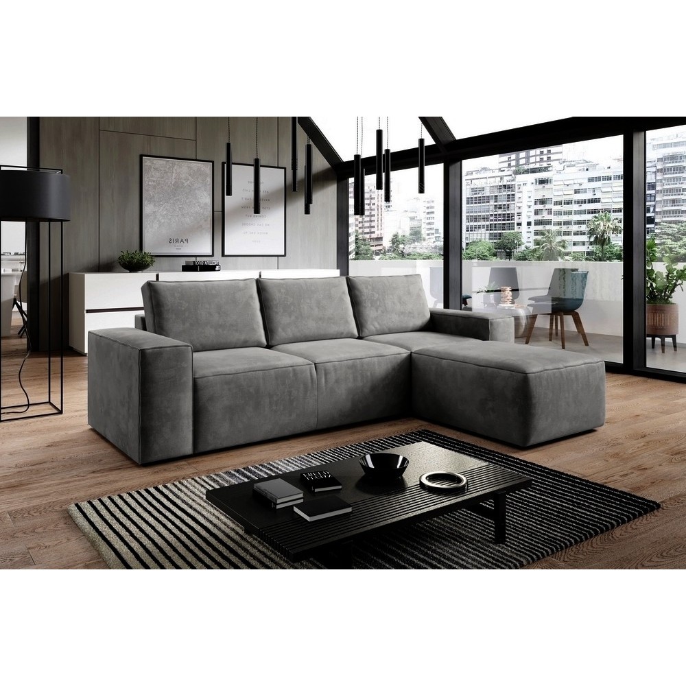 Canapé d'angle convertible - SIDNEY VELOURS - en tissu Luxe - 5/6 places, gris foncé, angle droit (vu de face)