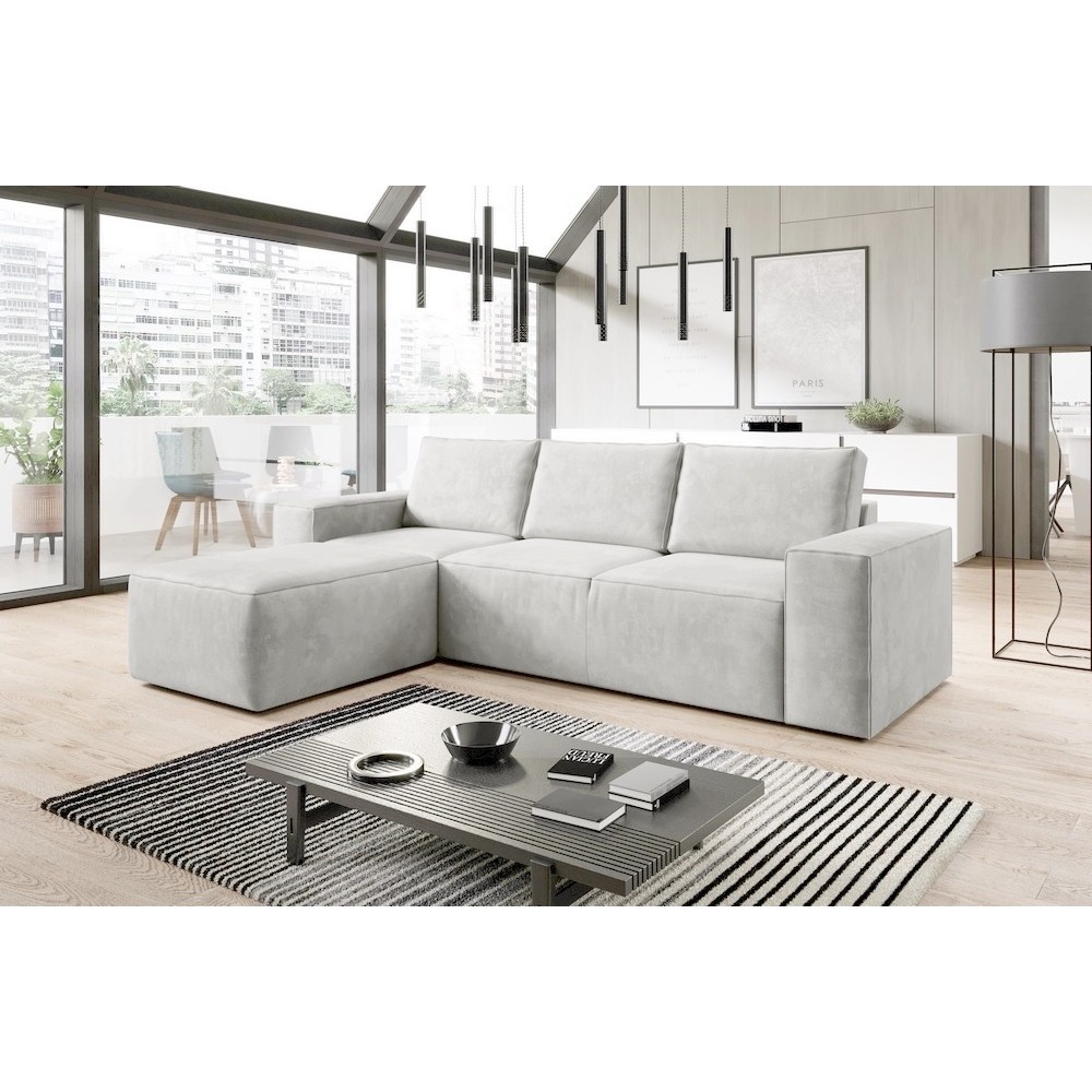 - Canapé d'angle convertible - SIDNEY VELOURS - en tissu Luxe, 5/6 places, blanc cassé, angle gauche (vu de face)