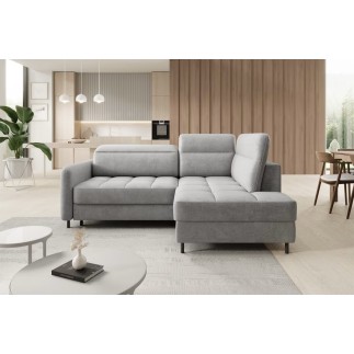 Canapé d'angle convertible en velours gris luxe 3 places BARTOLI, angle droit (vu de face)