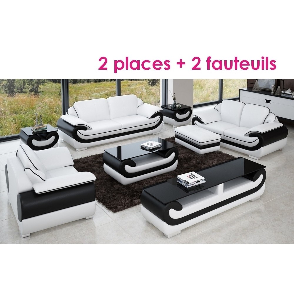 Ensemble:composé un canapé 2 places + 2 fauteuils en cuir italien vachette CANDIDE blanc et noir