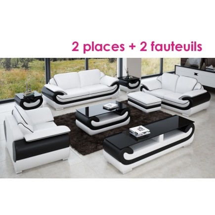 Ensemble:composé un canapé 2 places + 2 fauteuils en cuir italien vachette CANDIDE blanc et noir