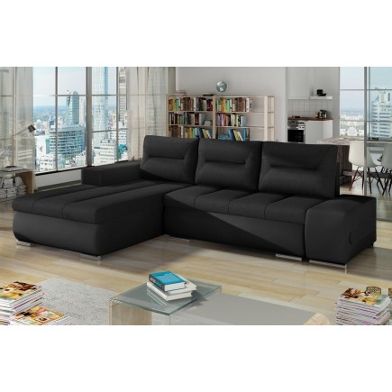 Canapé d'angle convertible en tissu luxe noir et simili cuir noir, 5 places, angle gauche (vu de face) - OTELLO