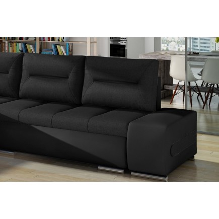 Canapé d'angle convertible en tissu luxe noir et simili cuir noir, 5 places, angle gauche (vu de face) - OTELLO