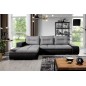 - Canapé d'angle convertible en tissu luxe gris et simili cuir noir, 5 places, angle gauche (vu de face) - OTELLO