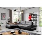 - Canapé d'angle convertible en tissu luxe gris et simili cuir noir, 5 places, angle gauche (vu de face) - OTELLO