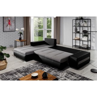 - Canapé d'angle convertible en tissu luxe gris et simili cuir noir, 5 places, angle gauche (vu de face) - OTELLO