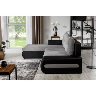 - Canapé d'angle convertible en tissu luxe gris et simili cuir noir, 5 places, angle gauche (vu de face) - OTELLO