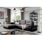 - Canapé d'angle convertible en tissu luxe gris et simili cuir noir, 5 places, angle gauche (vu de face) - OTELLO