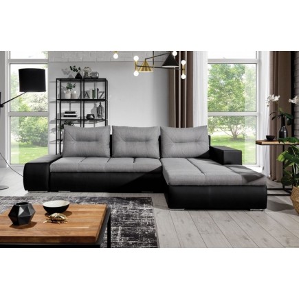 Canapé d'angle convertible en tissu luxe gris et simili cuir noir, 5 places, angle droit (vu de face) - OTELLO