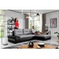 Canapé d'angle convertible en tissu luxe gris et simili cuir noir, 5 places, angle droit (vu de face) - OTELLO