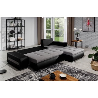 Canapé d'angle convertible en tissu luxe gris et simili cuir noir, 5 places, angle droit (vu de face) - OTELLO
