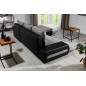 Canapé d'angle convertible en tissu luxe gris et simili cuir noir, 5 places, angle droit (vu de face) - OTELLO