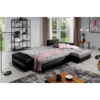 Canapé d'angle convertible en tissu luxe gris et simili cuir noir, 5 places, angle droit (vu de face) - OTELLO