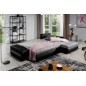 Canapé d'angle convertible en tissu luxe gris et simili cuir noir, 5 places, angle droit (vu de face) - OTELLO
