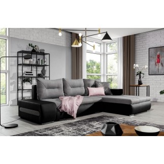 Canapé d'angle convertible en tissu luxe gris et simili cuir noir, 5 places, angle droit (vu de face) - OTELLO