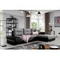 Canapé d'angle convertible en tissu luxe gris et simili cuir noir, 5 places, angle droit (vu de face) - OTELLO