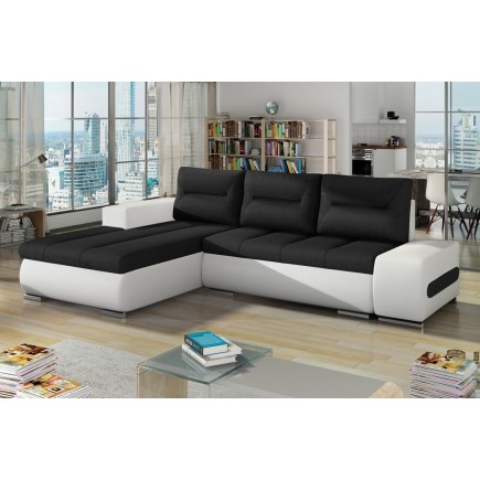 - Canapé d'angle convertible en tissu luxe noir et simili cuir blanc, 5 places, angle gauche (vu de face) - OTELLO