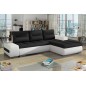 - Canapé d'angle convertible en tissu luxe noir et simili cuir blanc, 5 places, angle droit (vu de face) - OTELLO