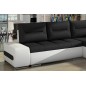 - Canapé d'angle convertible en tissu luxe noir et simili cuir blanc, 5 places, angle droit (vu de face) - OTELLO