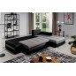 - Canapé d'angle convertible en tissu luxe noir et simili cuir blanc, 5 places, angle droit (vu de face) - OTELLO