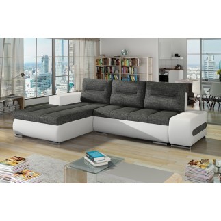 Canapé d'angle convertible en tissu luxe gris foncé et simili cuir blanc, 5 places, angle gauche (vu de face) - OTELLO