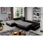 Canapé d'angle convertible en tissu luxe gris foncé et simili cuir blanc, 5 places, angle gauche (vu de face) - OTELLO
