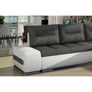 Canapé d'angle convertible en tissu luxe gris foncé et simili cuir blanc, 5 places, angle droit (vu de face) - OTELLO