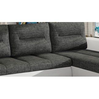 Canapé d'angle convertible en tissu luxe gris foncé et simili cuir blanc, 5 places, angle droit (vu de face) - OTELLO