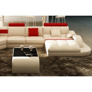 Canapé d'angle en cuir italien 8 places NORDIK, blanc et rouge, angle gauche