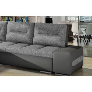 Canapé d'angle convertible en tissu luxe gris et simili cuir gris, 5 places, angle gauche (vu de face) - OTELLO