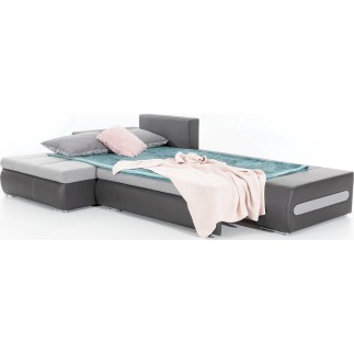 Canapé d'angle convertible en tissu luxe gris et simili cuir gris, 5 places, angle gauche (vu de face) - OTELLO