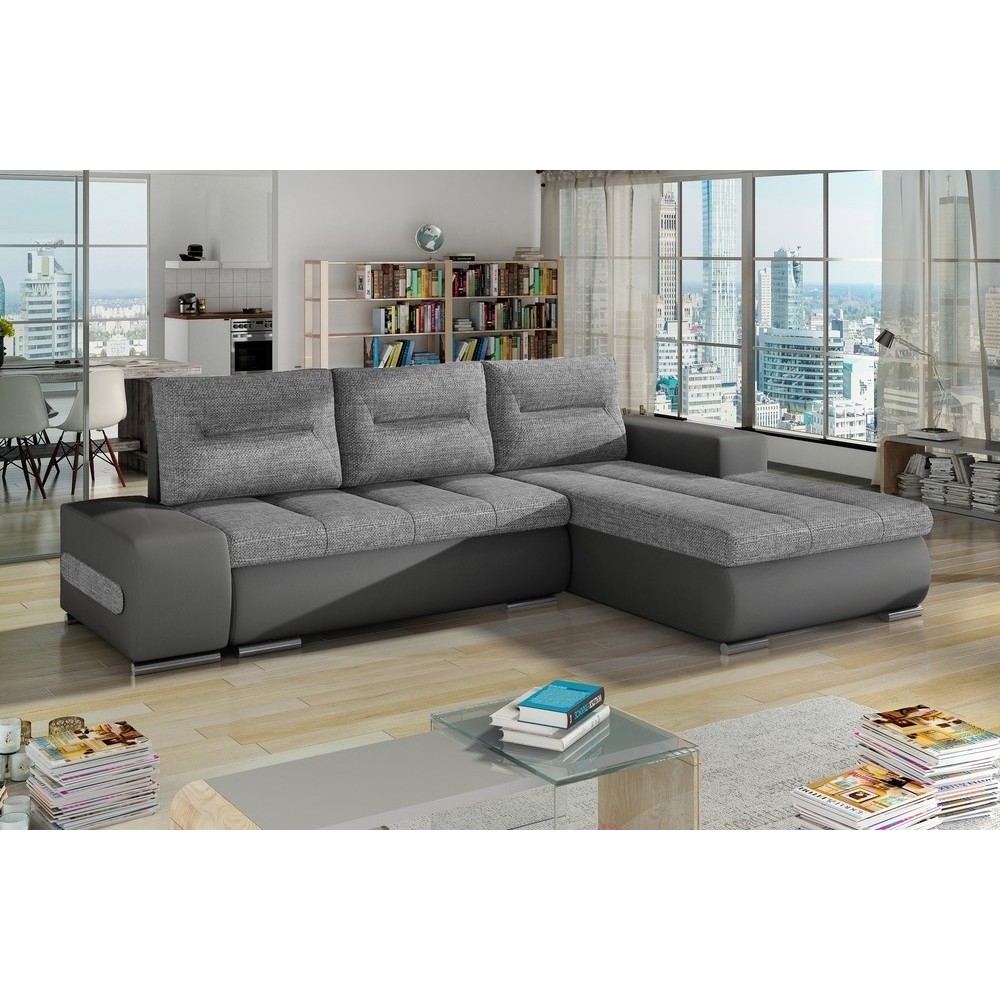 Canapé d'angle convertible en tissu luxe gris et simili cuir gris, 5 places, angle droit (vu de face) - OTELLO