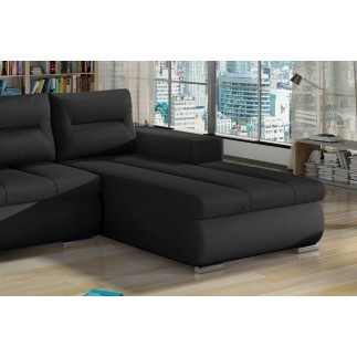 Canapé d'angle convertible en tissu luxe noir et simili cuir noir, 5 places, angle droit (vu de face) - OTELLO