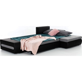 Canapé d'angle convertible en tissu luxe noir et simili cuir noir, 5 places, angle droit (vu de face) - OTELLO