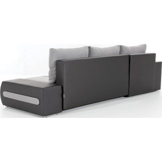 Canapé d'angle convertible en tissu luxe noir et simili cuir noir, 5 places, angle droit (vu de face) - OTELLO