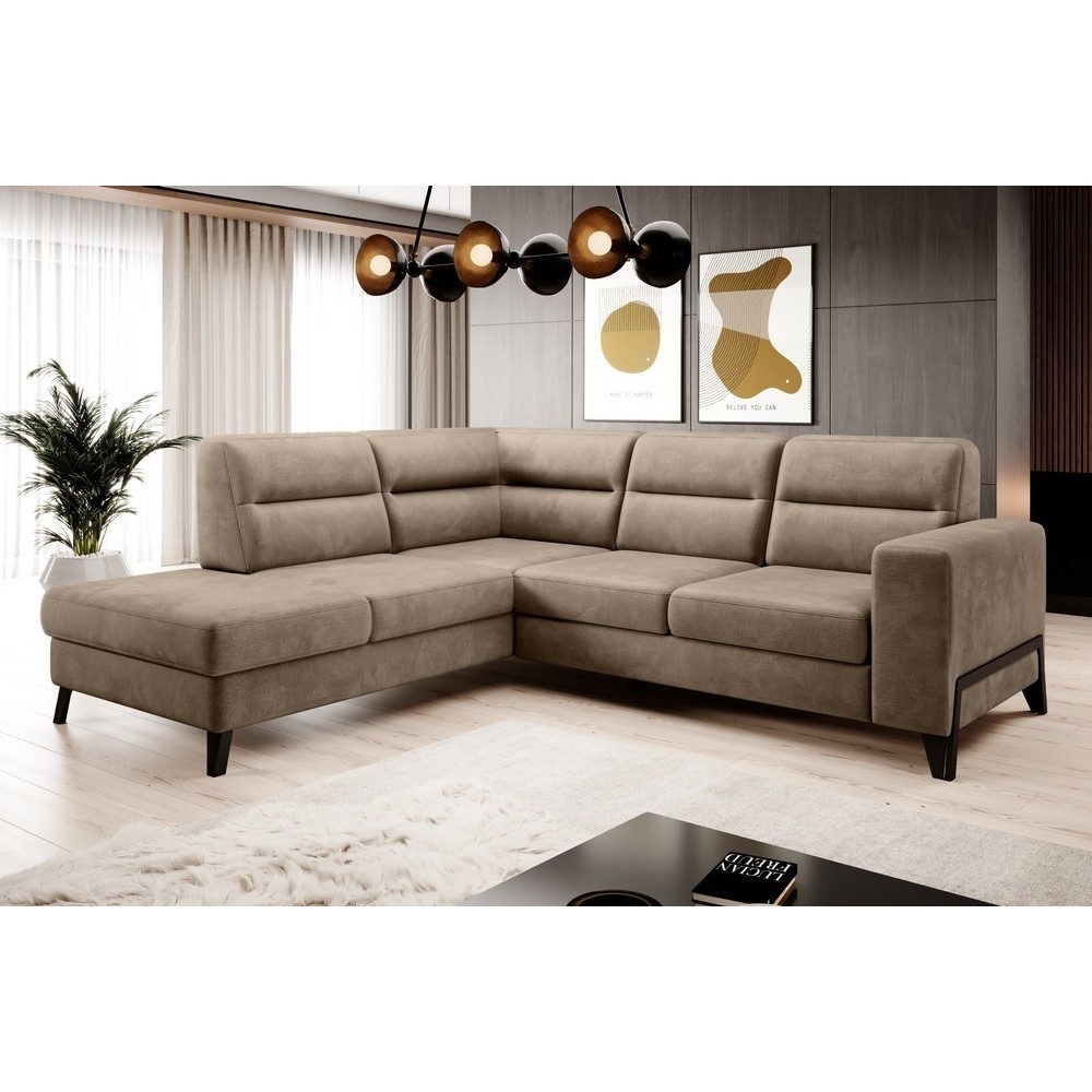 Canapé d'angle convertible - CASTA VELOURS - en tissu Luxe, beige, 5/6 places, angle gauche (vu de face)