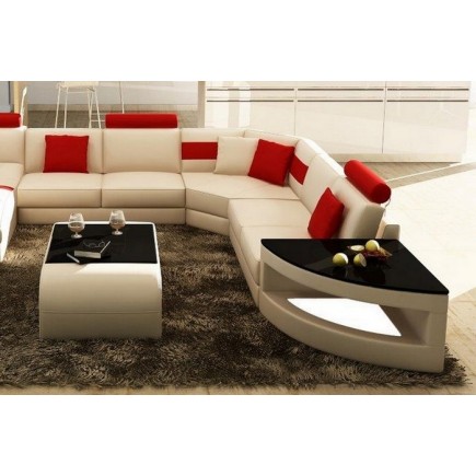 Canapé d'angle en cuir italien 8 places NORDIK, blanc et rouge, angle droit
