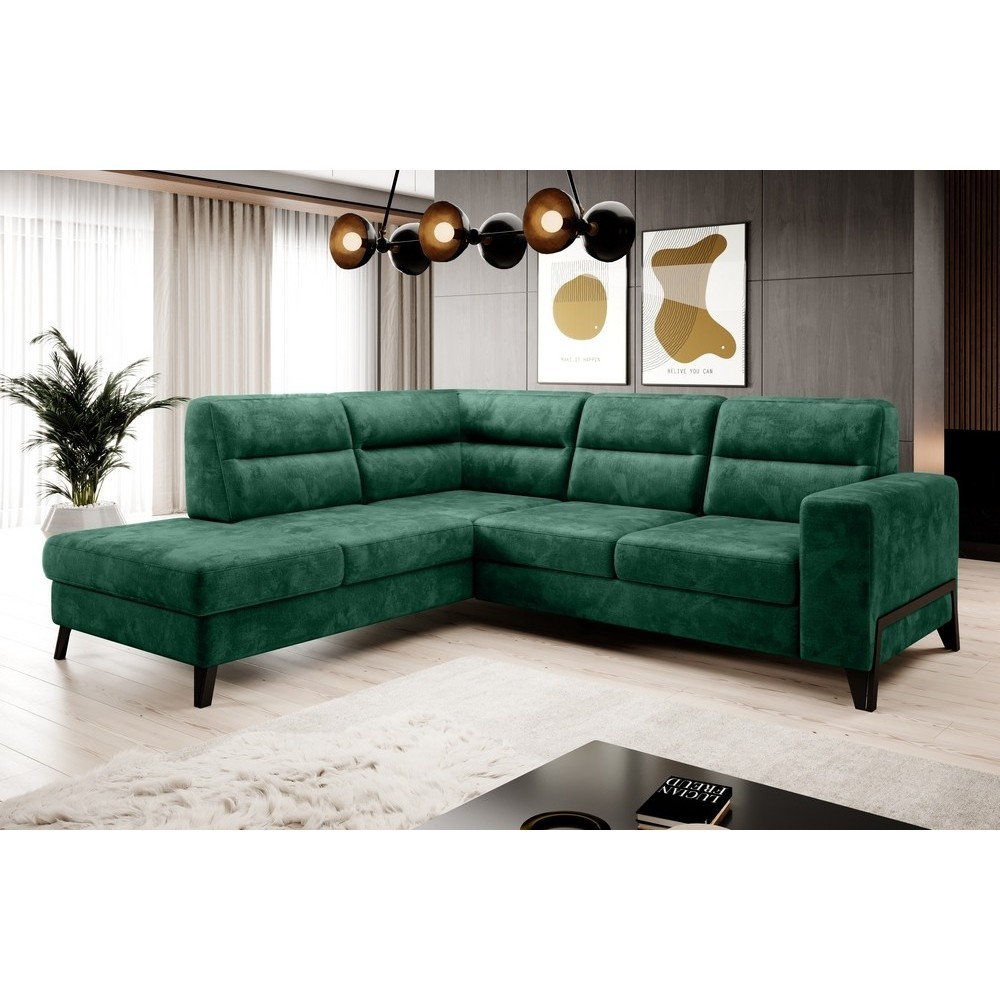 Canapé d'angle convertible - CASTA VELOURS - en tissu Luxe, VERT, 5/6 places, angle gauche (vu de face)