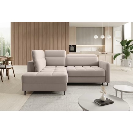 Canapé d'angle convertible en velours beige luxe 3 places BARTOLI, angle gauche (vu de face)