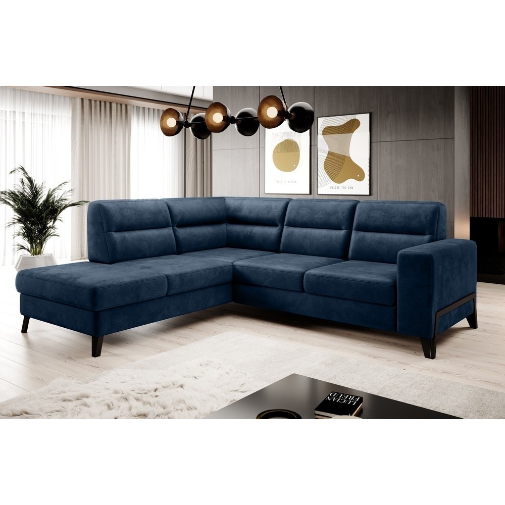 Canapé d'angle convertible - CASTA VELOURS - en tissu Luxe, BLEU, 5/6 places, angle gauche (vu de face)