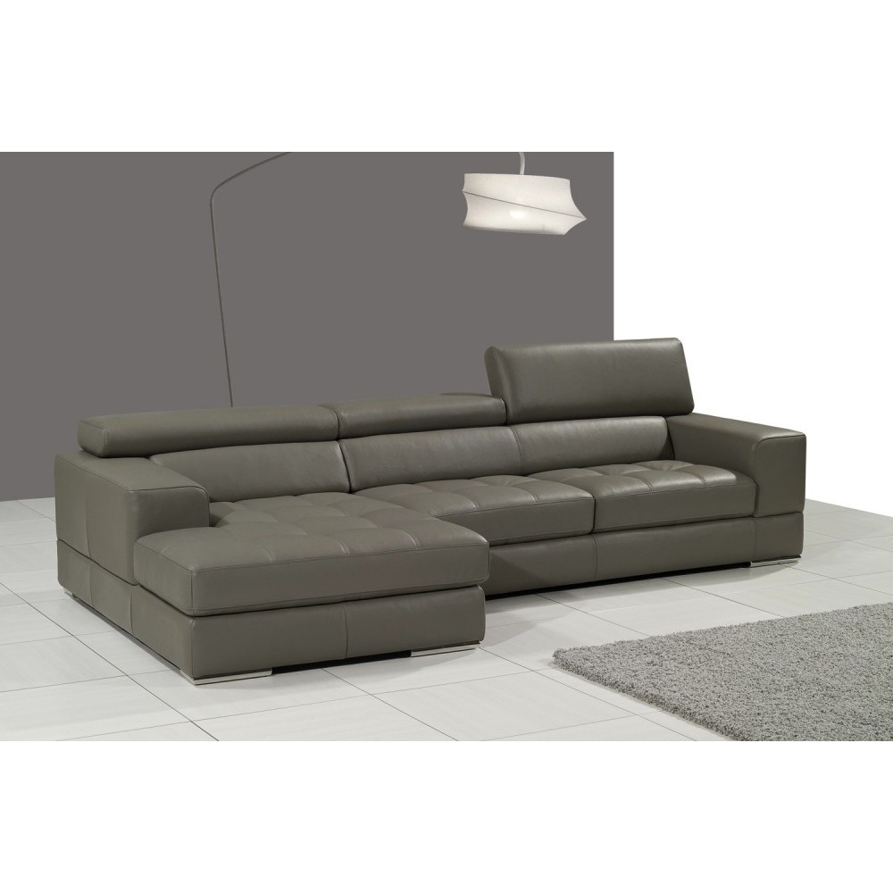 Canapé d'angle en cuir italien 5 places PERLE, gris foncé, angle gauche